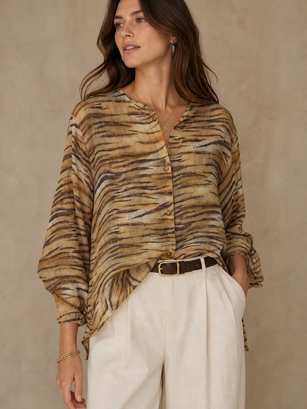 Natori Silk Tiger Stripe Blouse Medium Sheer Button Up Side Slit Hem